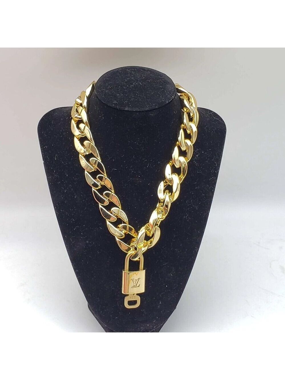 Authentic Louis Vuitton Lock & Key with Unbranded Cuban Style Gold Plated Chain